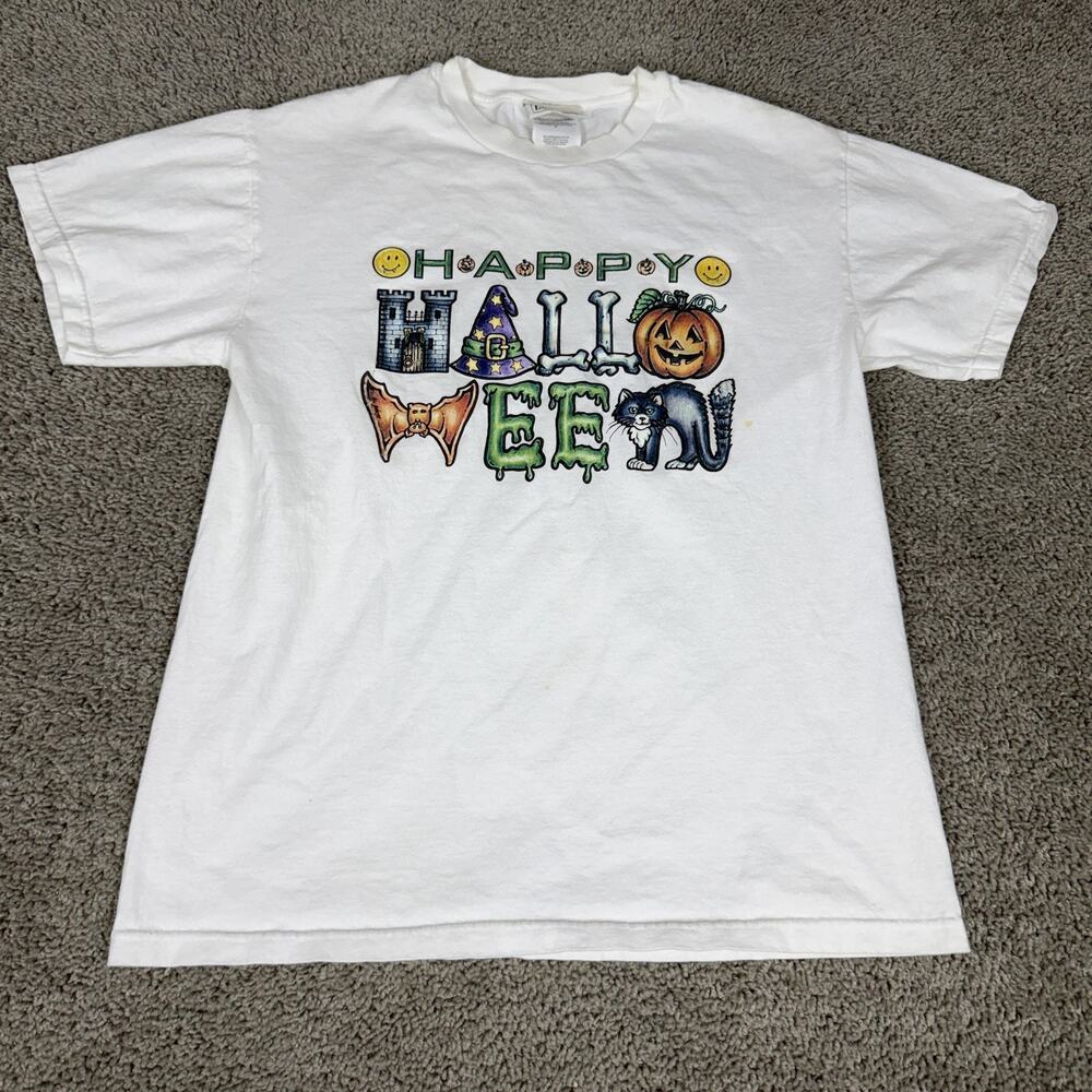 Vintage Halloween Shirt Mens Medium White Happy Cat Pumpkin Basic Edition 90s